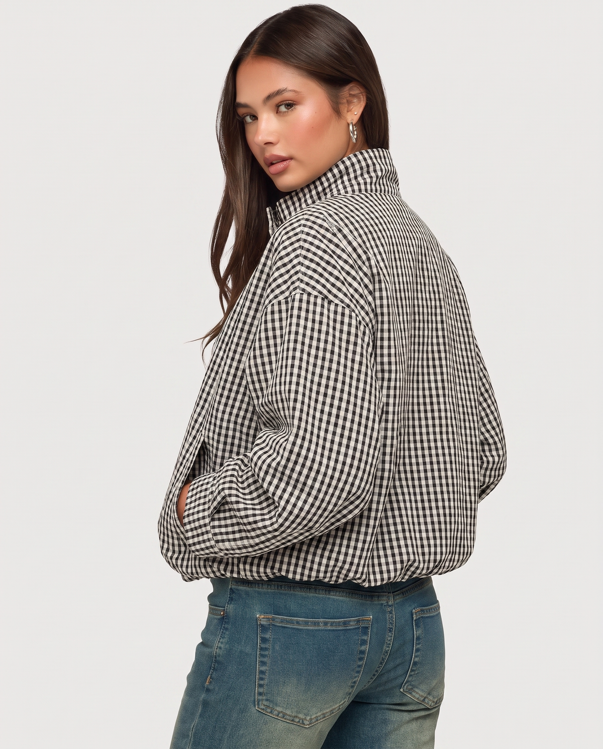 Plaid Funnel Neck Jacket