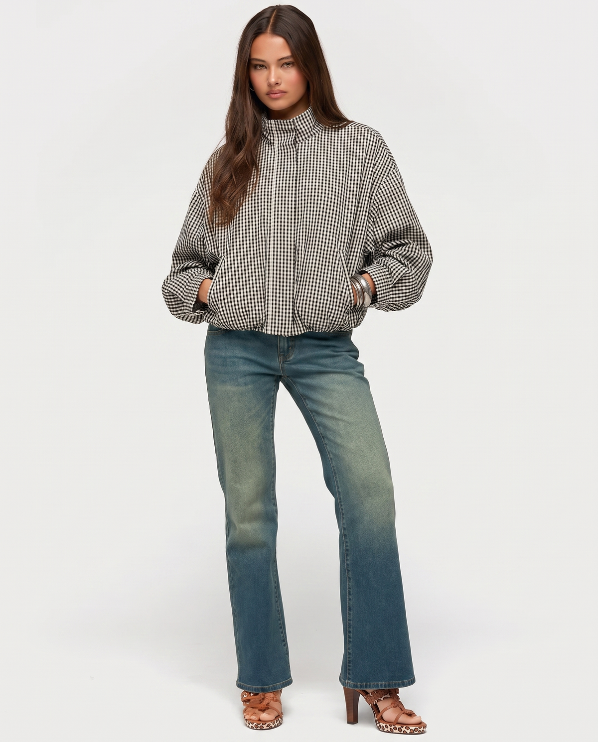 Plaid Funnel Neck Jacket